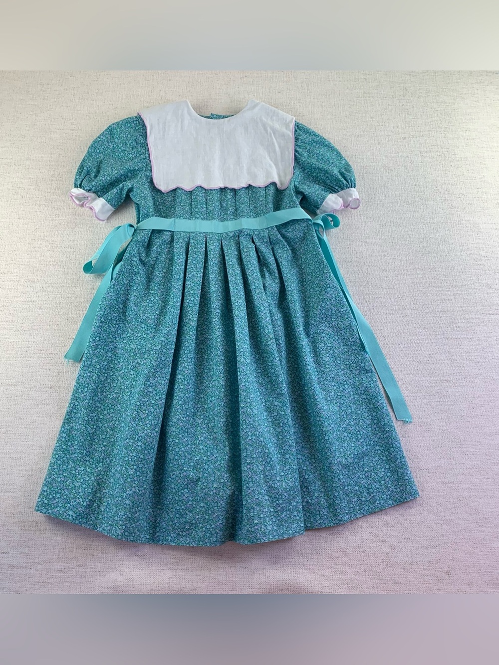 Puff‎ sleeve floral scalloped square collar bib dress ribbon tie waist cotton